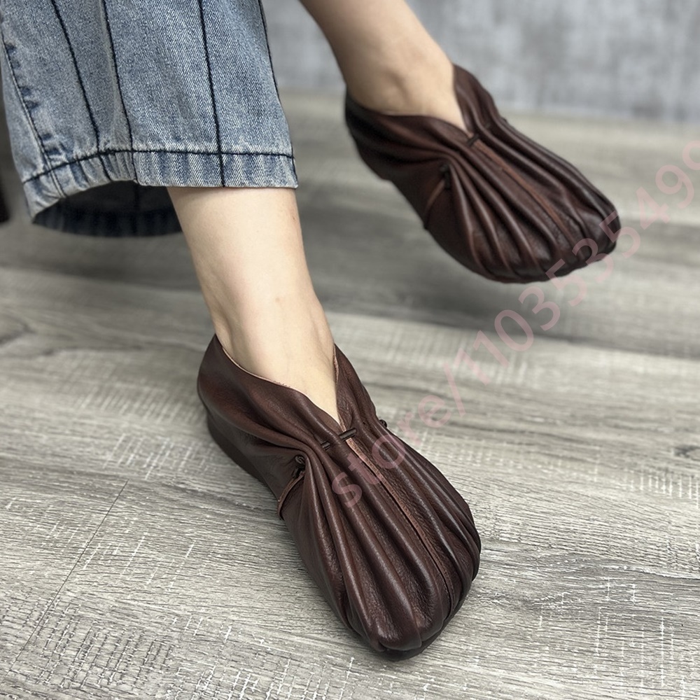 Mule Slip On - Damskie, retro, plisowane, miękkie buty, okrągły